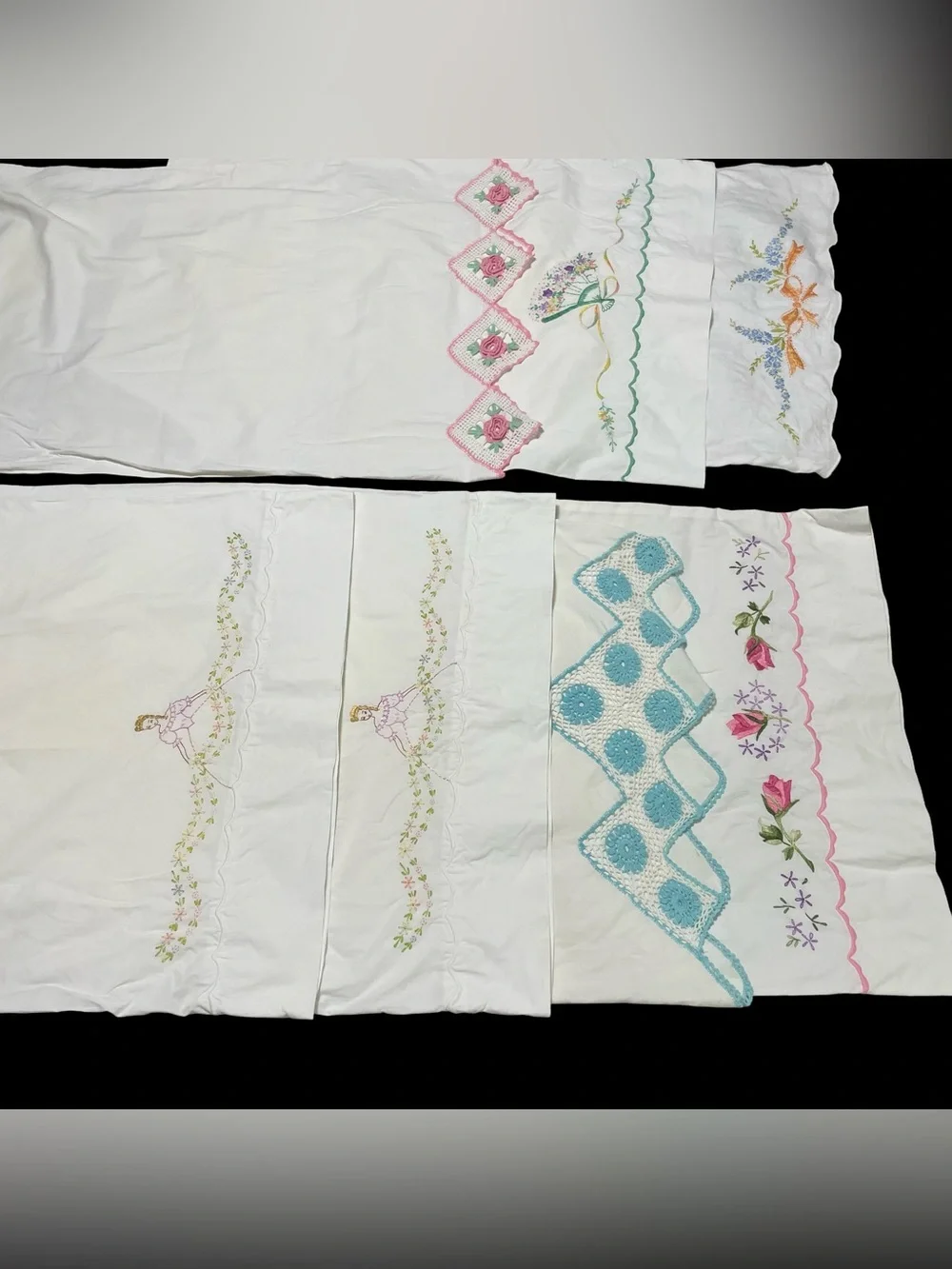 Vintage Bundle of 7 Embroidered Floral and Crochet Pillowcases